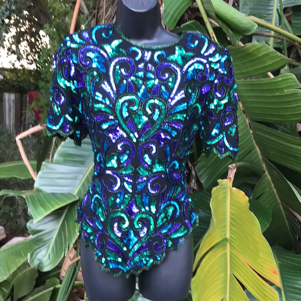 Lawrence Kazan sequin power shoulder 80s peplum top